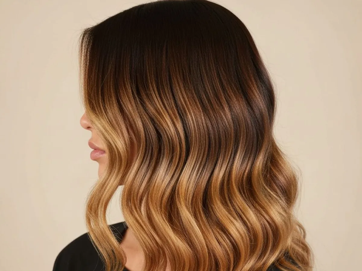 Long, wavy caramel balayage hair styled in the salon