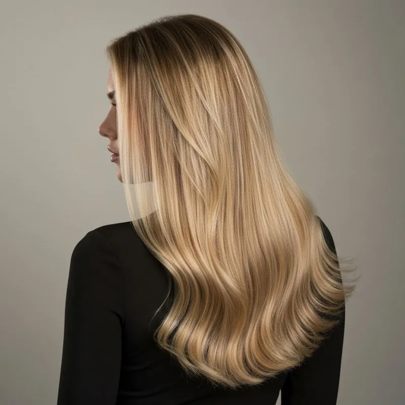 Long, straight blonde hair with a soft ombre through the lengths