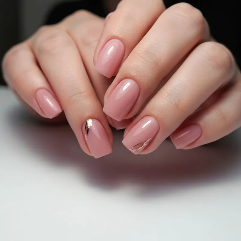A close view of a glossy nude pink manicure