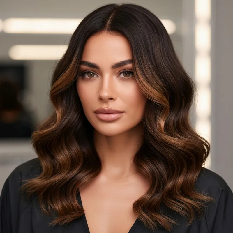 A client with long dark waves and caramel highlights in the studio