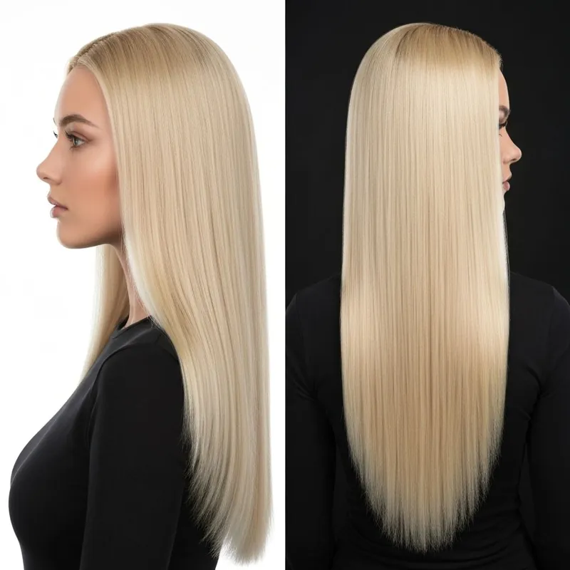 Very long platinum blonde hair shown from two angles