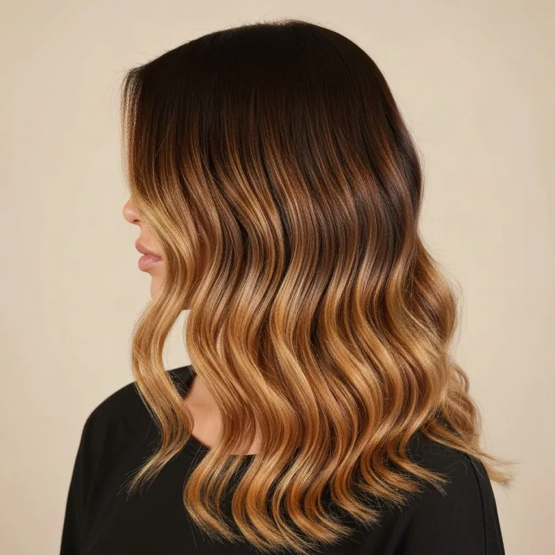 Loose caramel balayage waves seen from behind