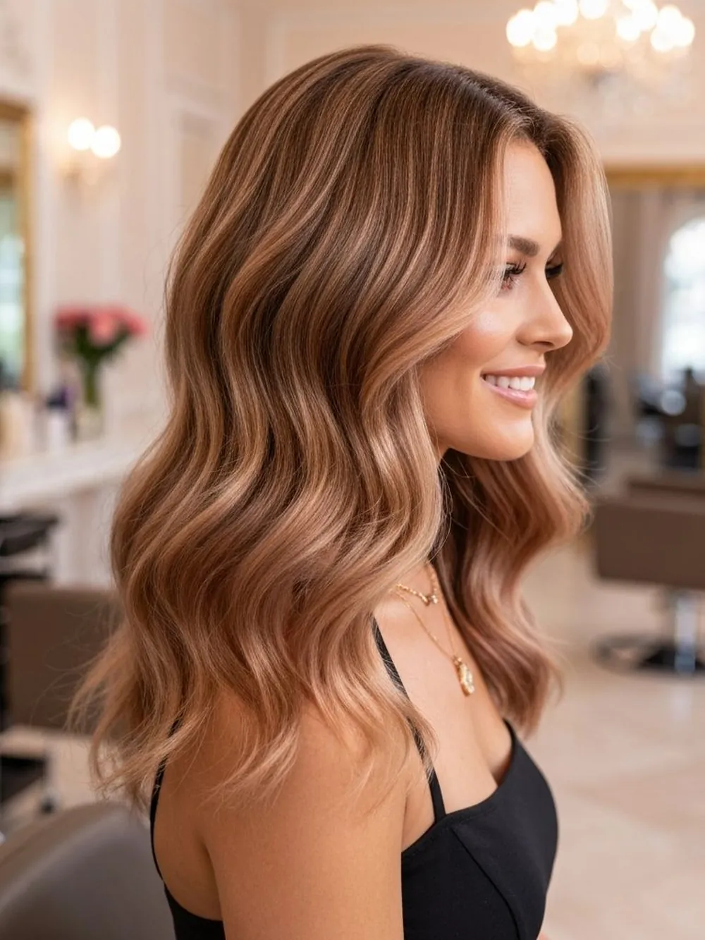 A client with long, wavy honey balayage hair smiling in the salon