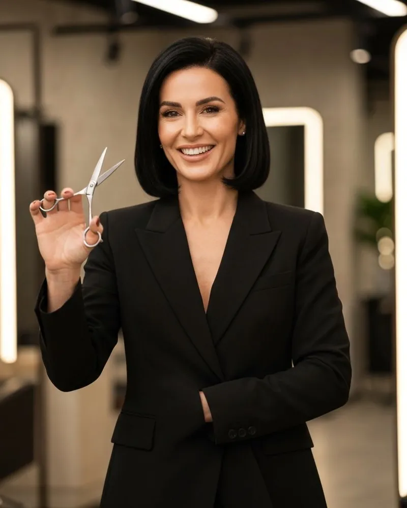 A smiling stylist in a black blazer holding a pair of scissors