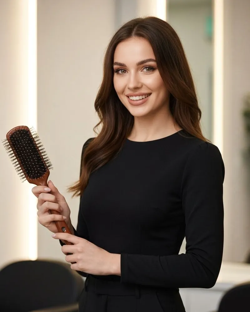A smiling stylist holding a hairbrush beside the styling chair