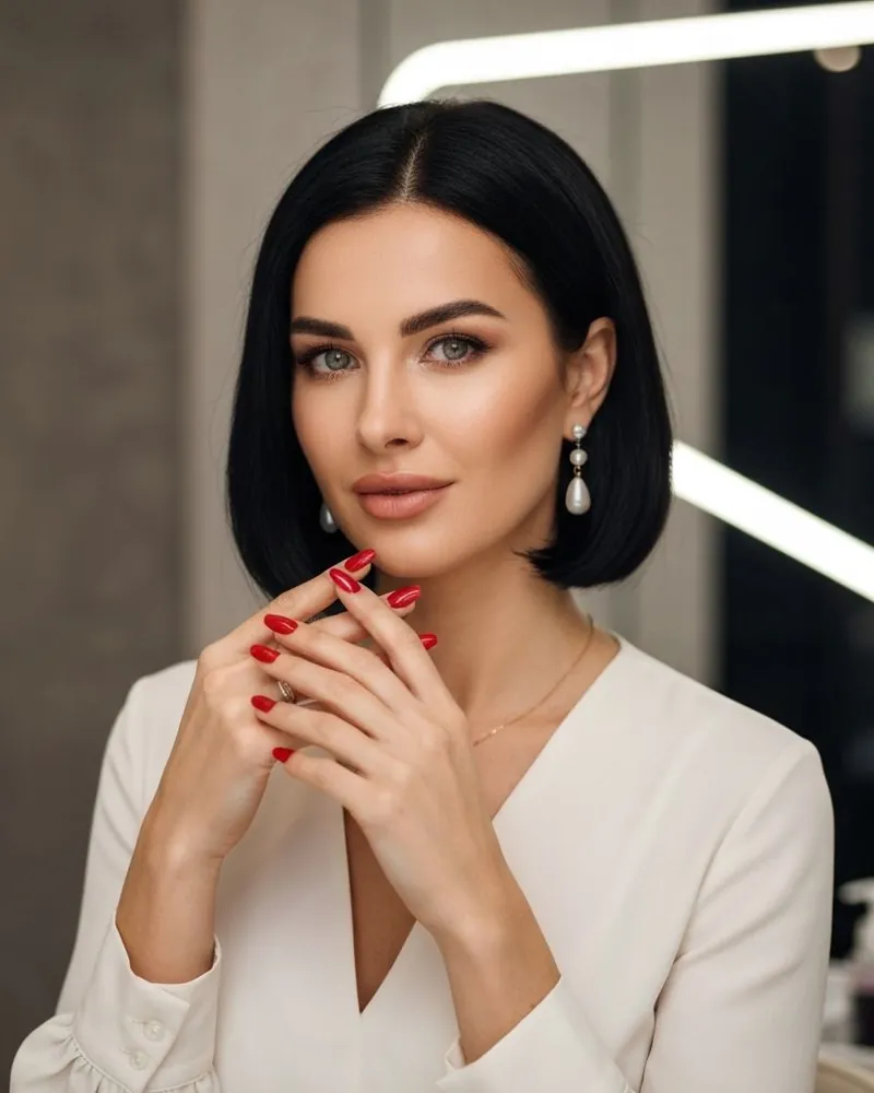 A stylist with a dark bob wearing a cream blazer