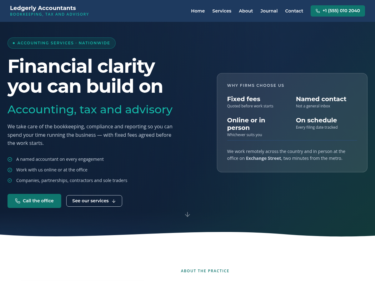 The Ledgerly theme front page: a navy hero with the headline Financial clarity you can build on, a panel of working commitments, and a services grid below.